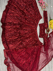 Beautiful Embellished Sequence Work Maroon Net Lehenga Choli