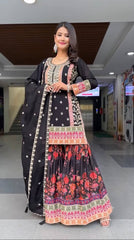 Multi Heavy Embroidery Work Black Palazzo Suit