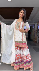 Multi Heavy Embroidery Work White Palazzo Suit