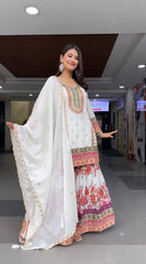 Multi Heavy Embroidery Work White Palazzo Suit