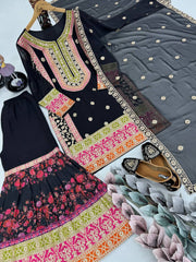 Multi Heavy Embroidery Work Black Palazzo Suit