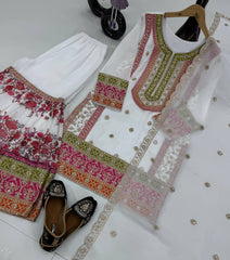 Multi Heavy Embroidery Work White Palazzo Suit