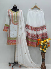 Multi Heavy Embroidery Work White Palazzo Suit