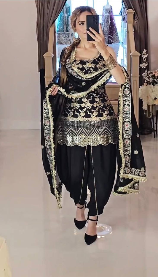 Black Color Sequence With Embroidery Work Dhoti Suit