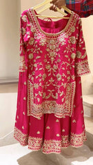 Heavy Embroidery Work Pink Color Chinon Silk Sharara Suit