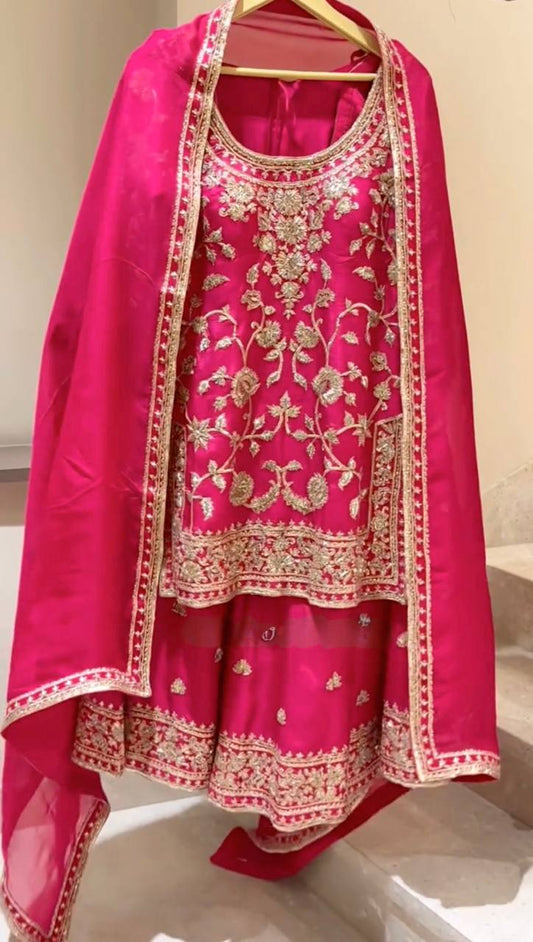 Heavy Embroidery Work Pink Color Chinon Silk Sharara Suit
