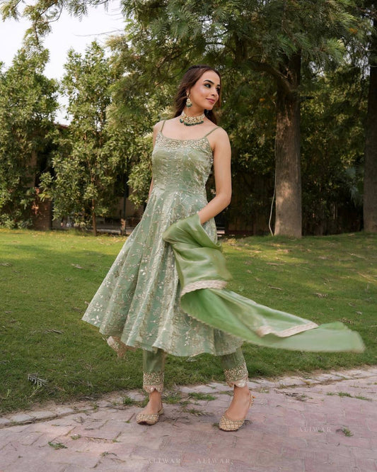 Beautiful Fandy Silk Green Color Gown