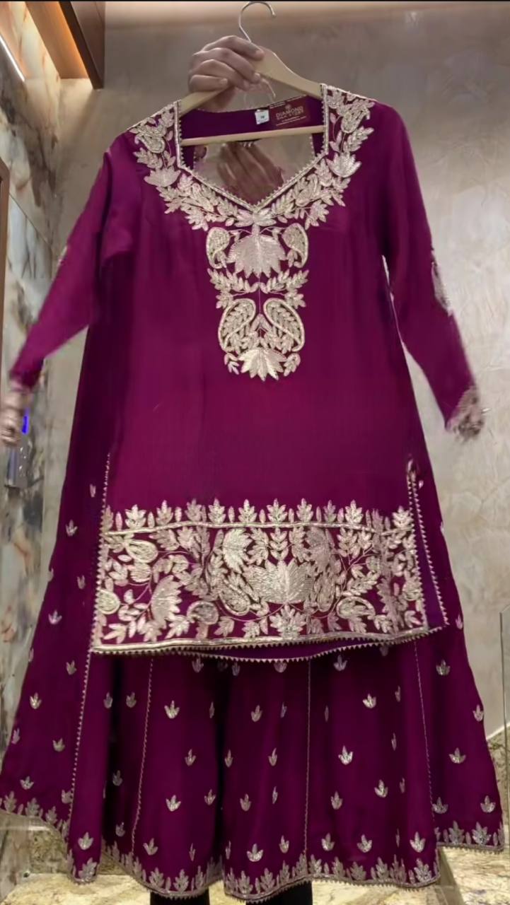 Chinnon Silk Embroidery Work Wine Color Sharara Suit