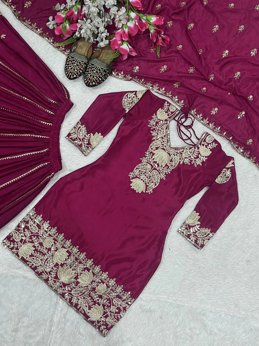 Chinnon Silk Embroidery Work Wine Color Sharara Suit