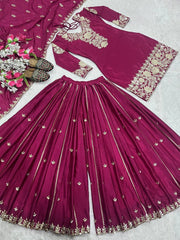 Chinnon Silk Embroidery Work Wine Color Sharara Suit