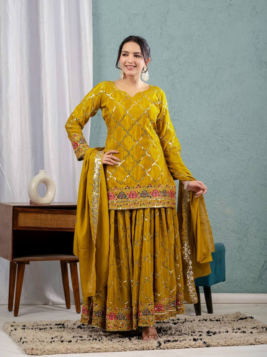 Trendy Georgette Sequence Work Heavy Mustard Color Sharara Suit
