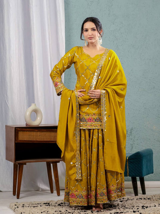 Trendy Georgette Sequence Work Heavy Mustard Color Sharara Suit