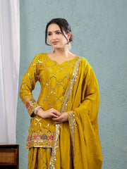 Trendy Georgette Sequence Work Heavy Mustard Color Sharara Suit