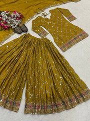 Trendy Georgette Sequence Work Heavy Mustard Color Sharara Suit
