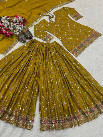 Trendy Georgette Sequence Work Heavy Mustard Color Sharara Suit