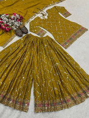 Trendy Georgette Sequence Work Heavy Mustard Color Sharara Suit