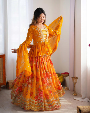 Digital Flower Print Mustard Lehenga Choli With Koti