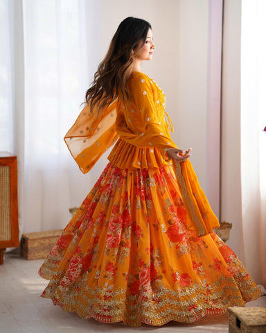 Digital Flower Print Mustard Lehenga Choli With Koti