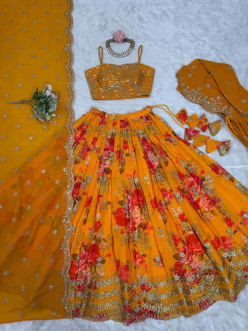 Digital Flower Print Mustard Lehenga Choli With Koti