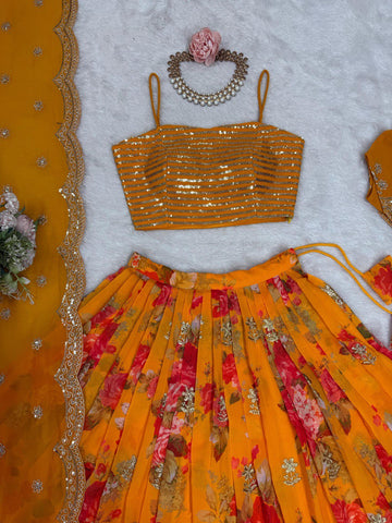 Digital Flower Print Mustard Lehenga Choli With Koti