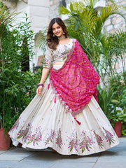 Multi Thread Work White Color Lehenga Choli With Pink Dupatta