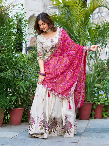 Multi Thread Work White Color Lehenga Choli With Pink Dupatta