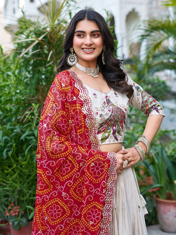 Multi Thread Work White Color Lehenga Choli With Red Dupatta
