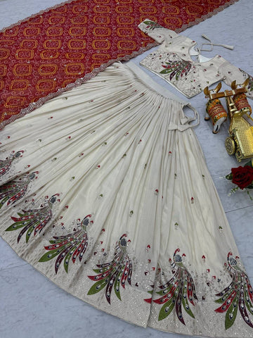 Multi Thread Work White Color Lehenga Choli With Red Dupatta