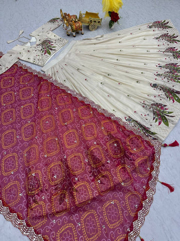 Multi Thread Work White Color Lehenga Choli With Pink Dupatta
