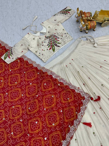 Multi Thread Work White Color Lehenga Choli With Red Dupatta