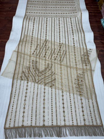 Designer Sequins Embroidery Work Beige Color Saree