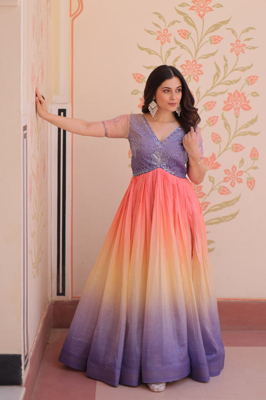 Double Shade Lavender Color Gold Crush Gown