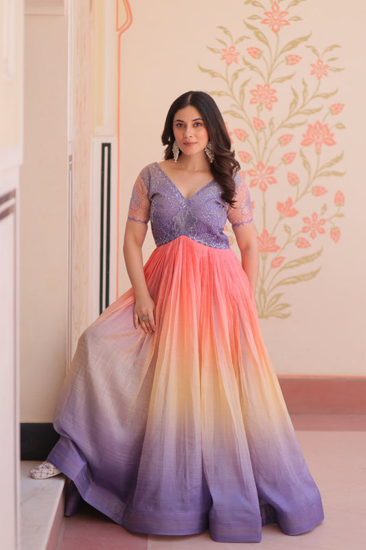 Double Shade Lavender Color Gold Crush Gown