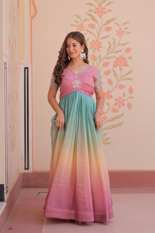Double Shade Light Pink Color Gold Crush Gown
