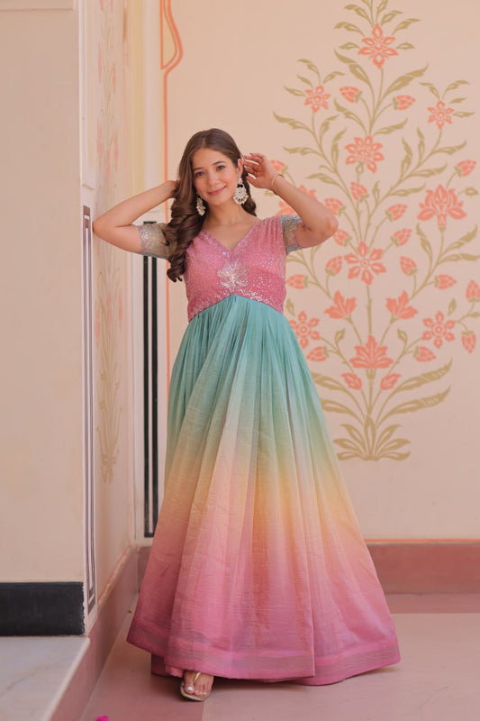 Double Shade Light Pink Color Gold Crush Gown