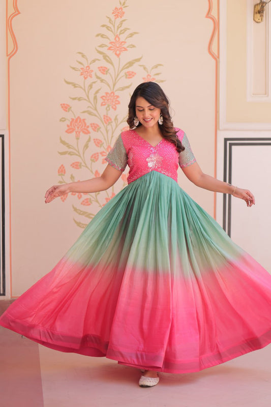 Double Shade Pink Color Gold Crush Gown
