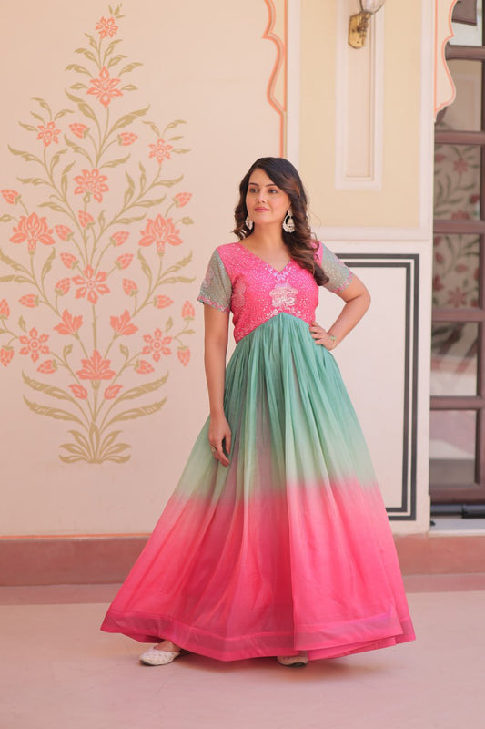Double Shade Pink Color Gold Crush Gown