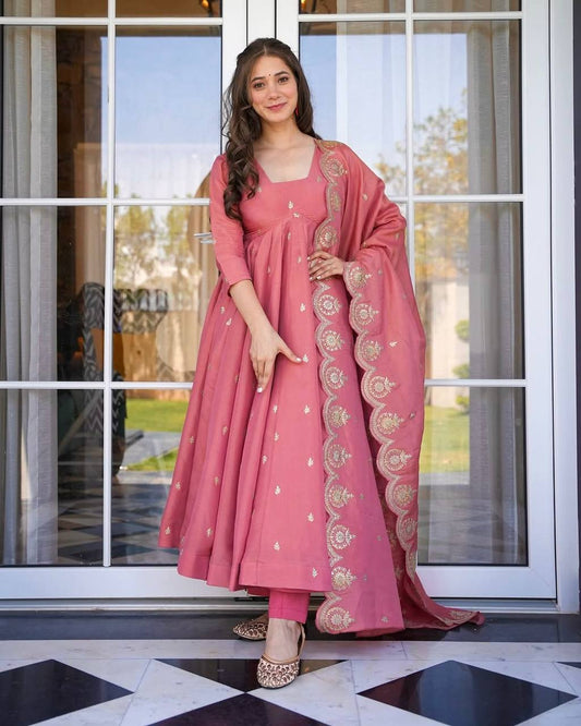 Good Looking Embroidery Work Pink Color Gown