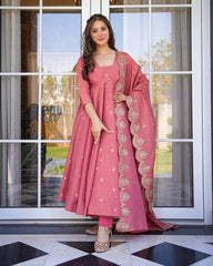 Good Looking Embroidery Work Pink Color Gown