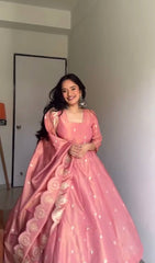 Good Looking Embroidery Work Pink Color Gown