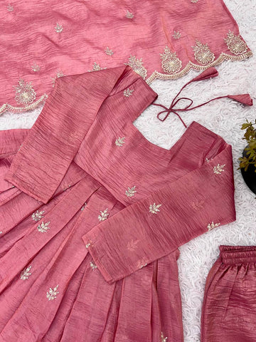 Good Looking Embroidery Work Pink Color Gown