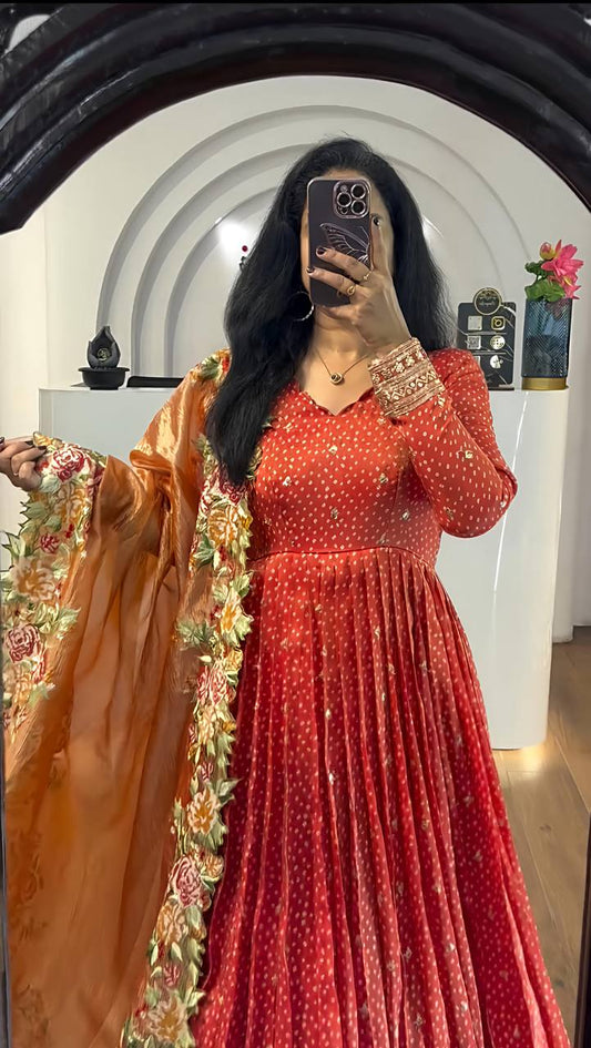 Wonderful Chinon Silk Orange Color Gown