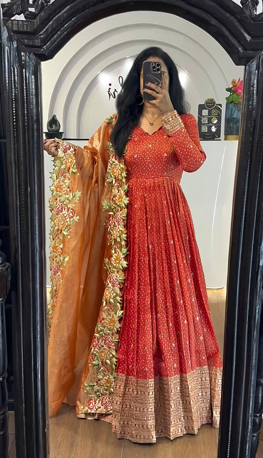 Wonderful Chinon Silk Orange Color Gown