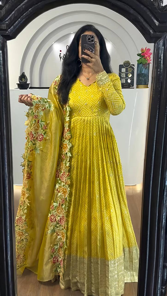 Wonderful Chinon Silk Yellow Color Gown