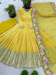 Wonderful Chinon Silk Yellow Color Gown