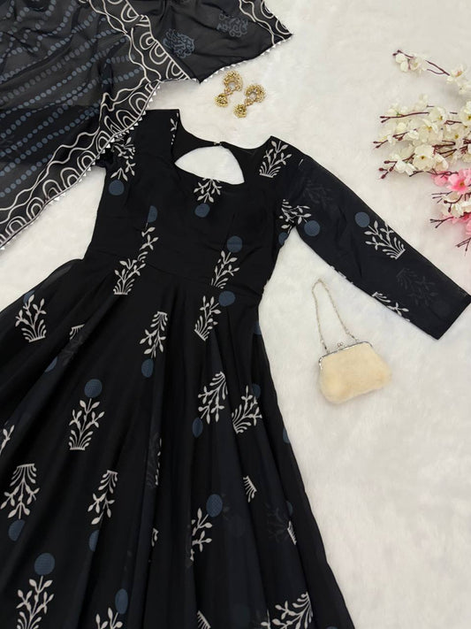 Casual Wear Printed Black Color Anarkali Gown