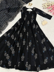 Casual Wear Printed Black Color Anarkali Gown