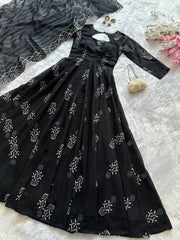 Casual Wear Printed Black Color Anarkali Gown