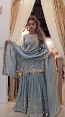 Teal Blue Color Heavy Work Gorgeous Sharara Suit
