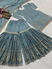Teal Blue Color Heavy Work Gorgeous Sharara Suit
